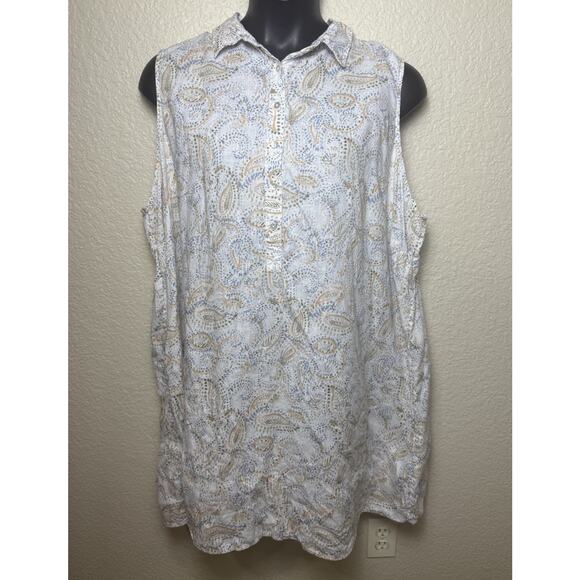 Rachel Ashwell 100% Linen Shirt Dress 3X Paisley Print White Green Blue Tan - Picture 2 of 10
